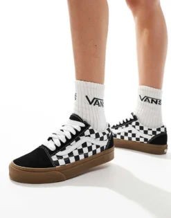 Vans Old Skool Trainers With Oversized Laces In Black And White Checkerboard With Gum Sole For Unisex