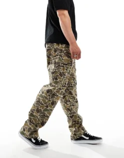 Vans Range Baggy Tapered Trousers With Elastic Waist In Brown And Green Abstract Print For Men