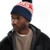 Vans Check Pom Beanie In Blue And Red For Unisex Dress Blues