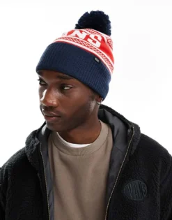 Vans Check Pom Beanie In Blue And Red For Unisex Dress Blues