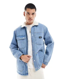 Vans Drill Chore Denim Jacket In Washed Blue With Sherpa For Men Stonewash Blue
