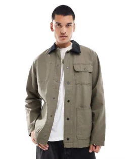 Vans Drill Chore Jacket In Mid Brown With Black Collar For Men Bungee Cord