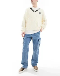 Vans Service Cargo Loose Denim Pant In Stonewash/blue For Men